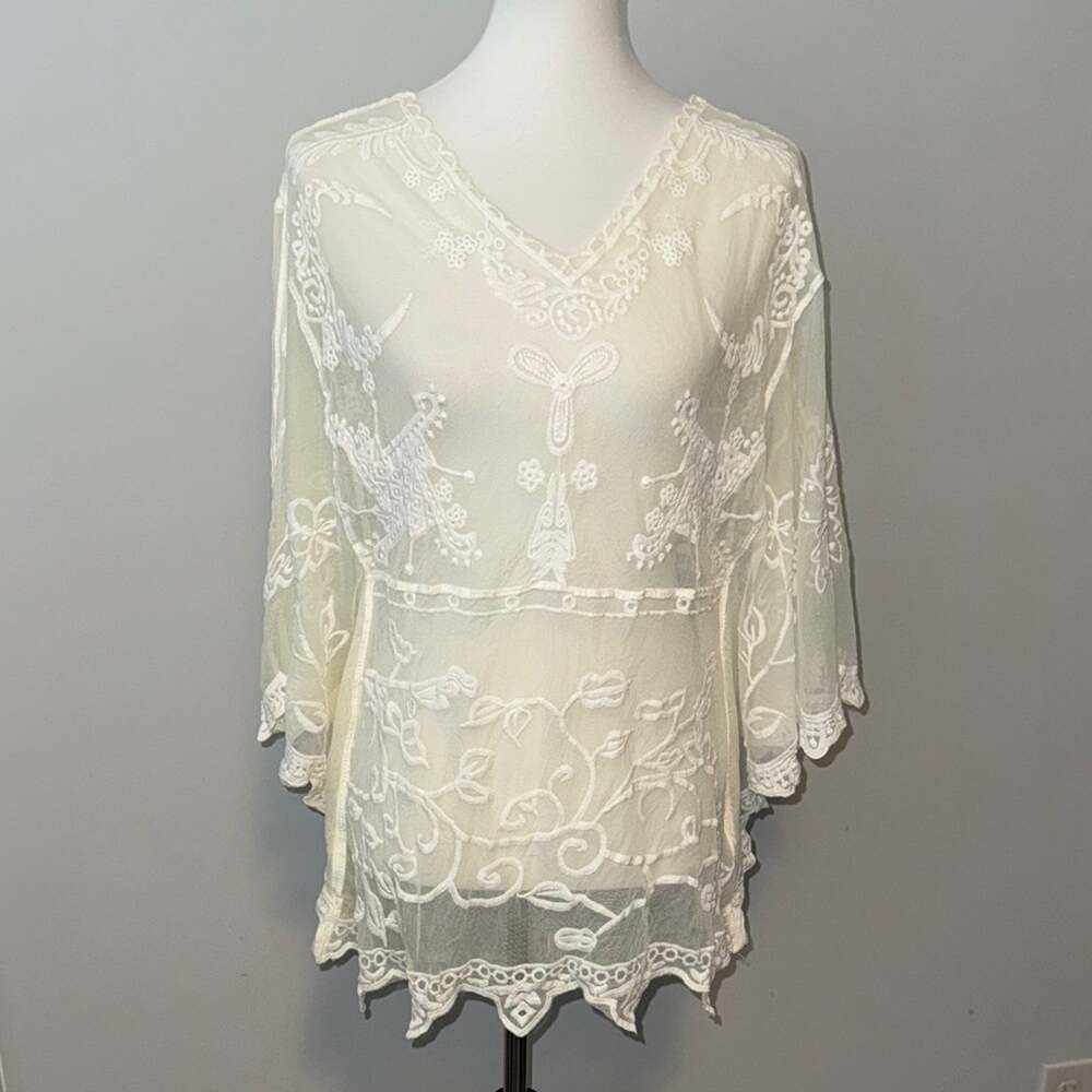 Cupshe White Boho Lace Sheer Cotton Beach Coverup Top NWT Womens Small